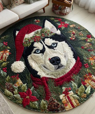 Forest Husky Portrait Quilted Round Mat