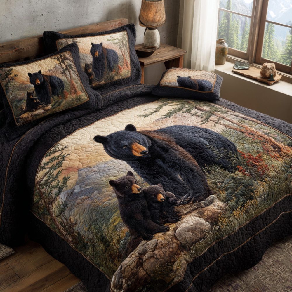 Forest Path Black Bear 3-Piece Quilted Bedding Set
