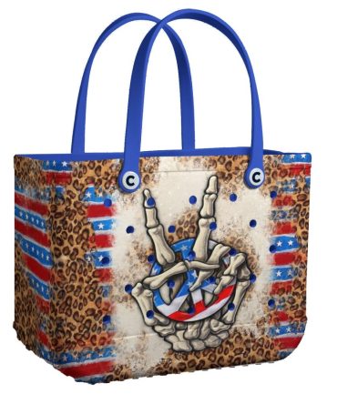 Rock & Roll Style Tote Bag - Bold Skeleton Hands Design With Stars & Stripes Accent