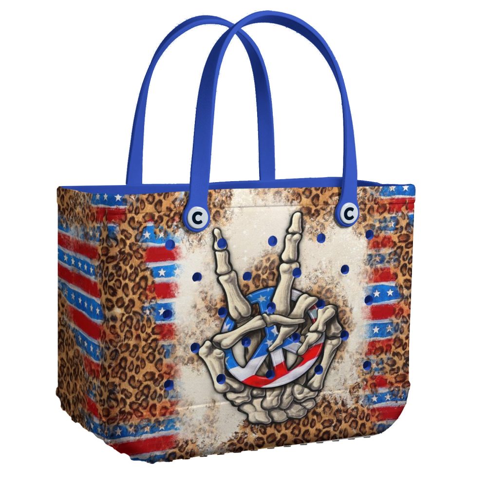 Rock & Roll Style Tote Bag - Bold Skeleton Hands Design With Stars & Stripes Accent