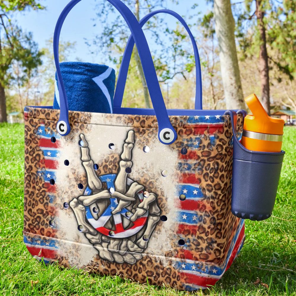 Rock & Roll Style Tote Bag - Bold Skeleton Hands Design With Stars & Stripes Accent - Image 3