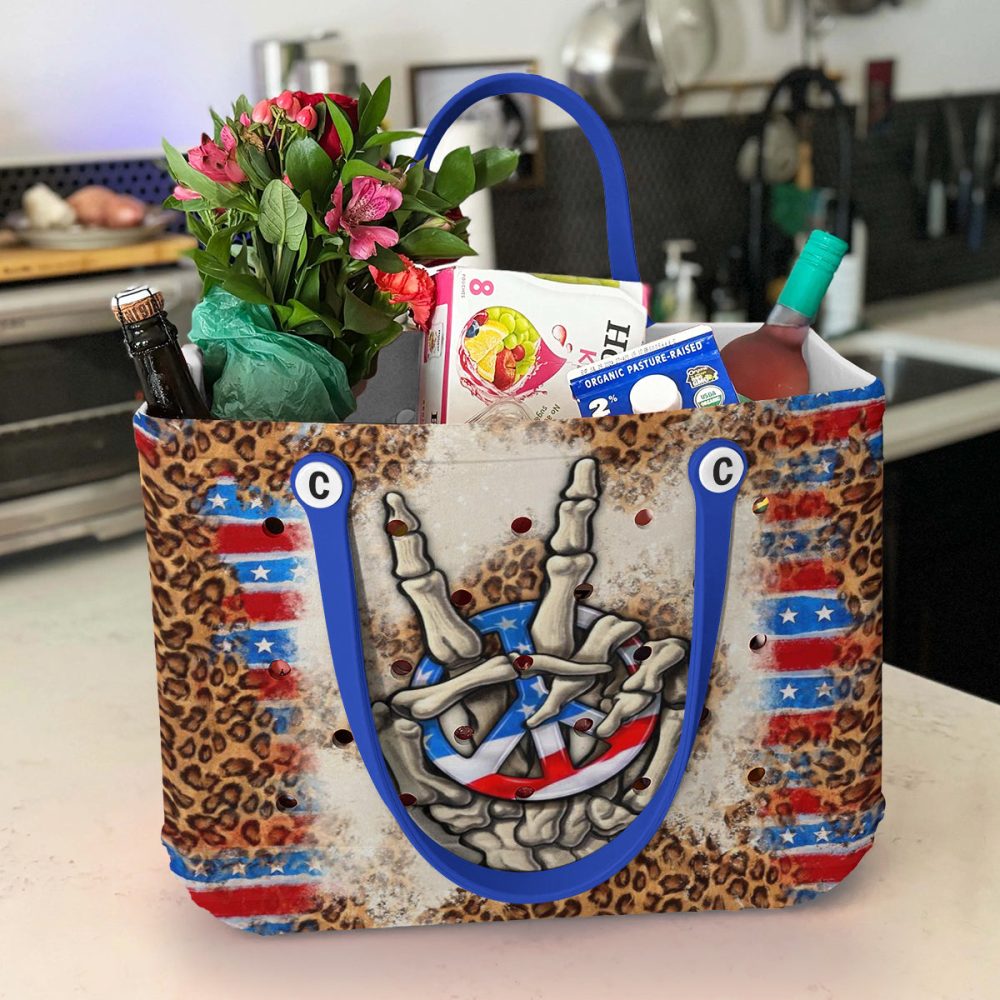 Rock & Roll Style Tote Bag - Bold Skeleton Hands Design With Stars & Stripes Accent - Image 4