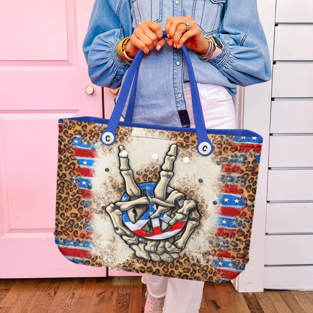Rock & Roll Style Tote Bag - Bold Skeleton Hands Design With Stars & Stripes Accent - Image 5