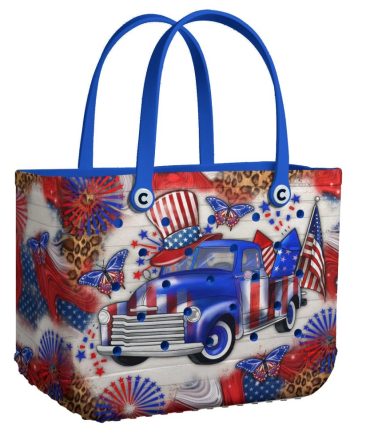 Patriotic Usa Themed Tote Bag – Vintage Truck & Fireworks Design, Perfect For 4Th Of July!