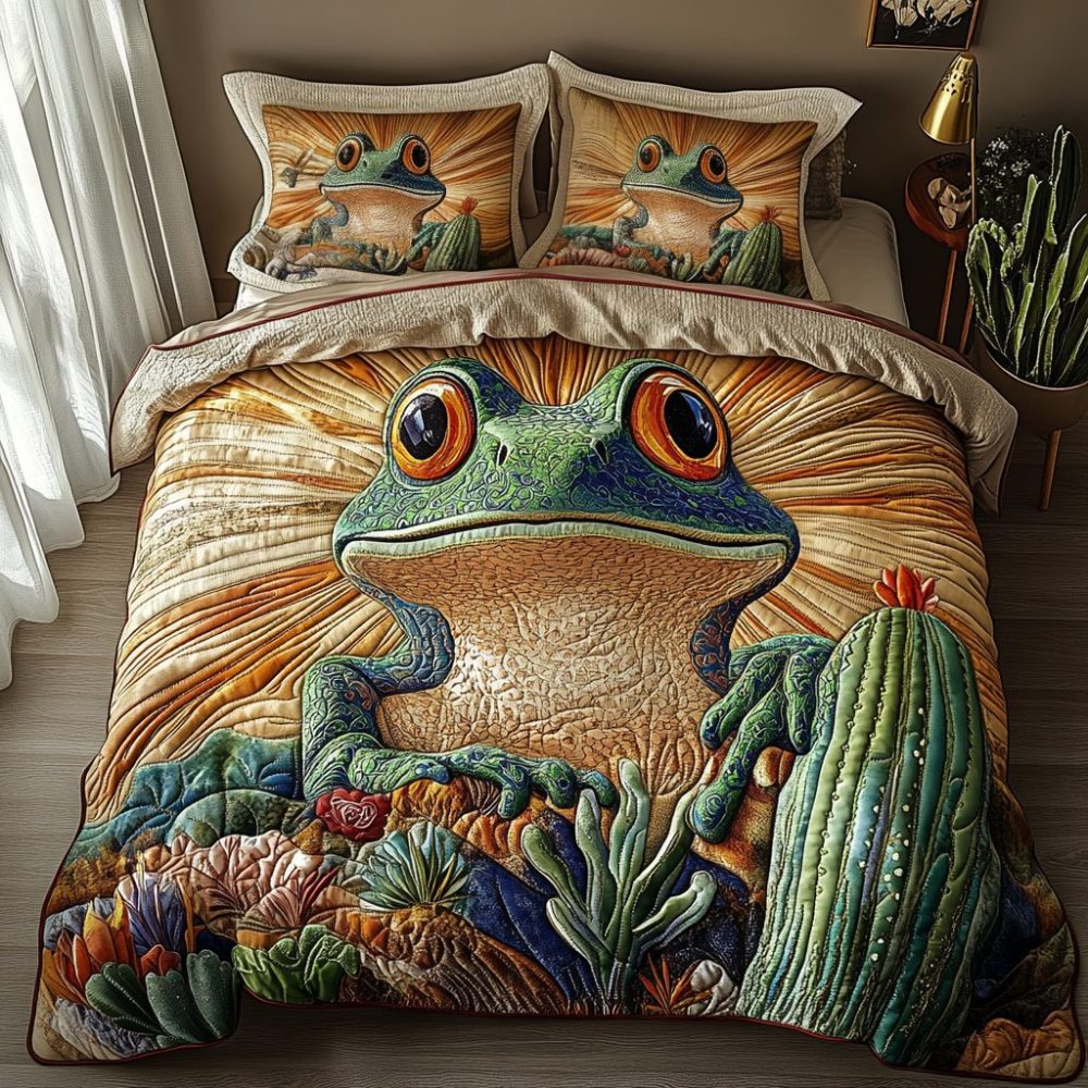 Frogs Cacti 3-Piece Quilted Bedding Set