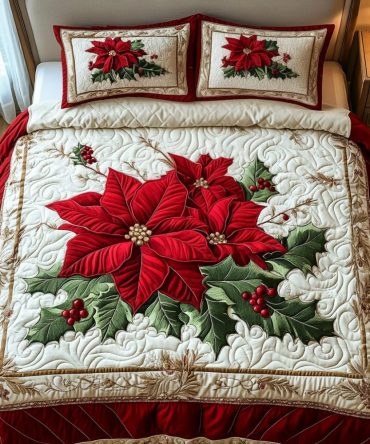 Frosted Poinsettia 3-Piece Quilted Bedding Set