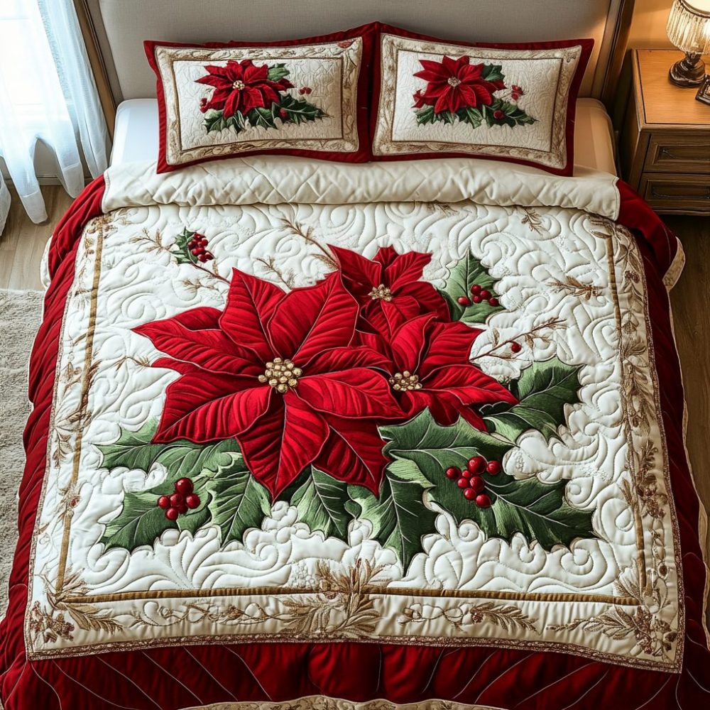 Frosted Poinsettia 3-Piece Quilted Bedding Set