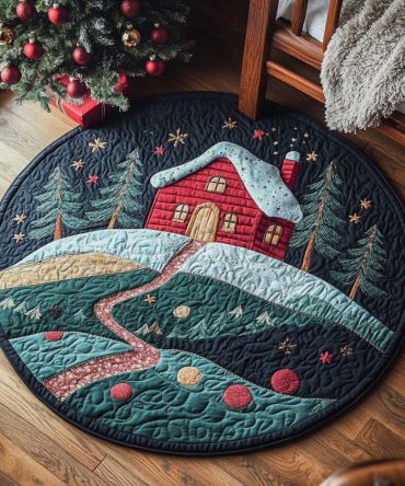 Frosty Woodland Cabin Quilted Round Mat