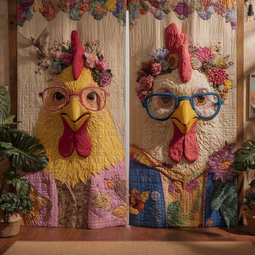 Funny Glasses Chickens Quilted Curtains