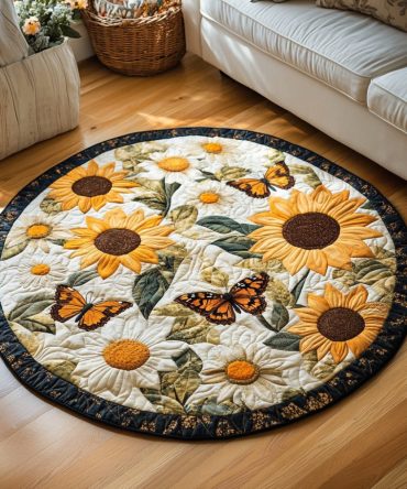 Garden Sunflower Butterflies Quilted Round Mat