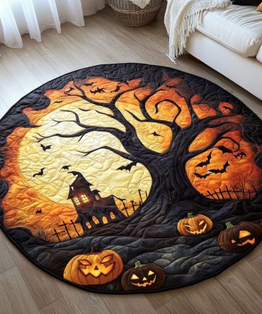 Ghoulish Halloween House Quilted Round Mat