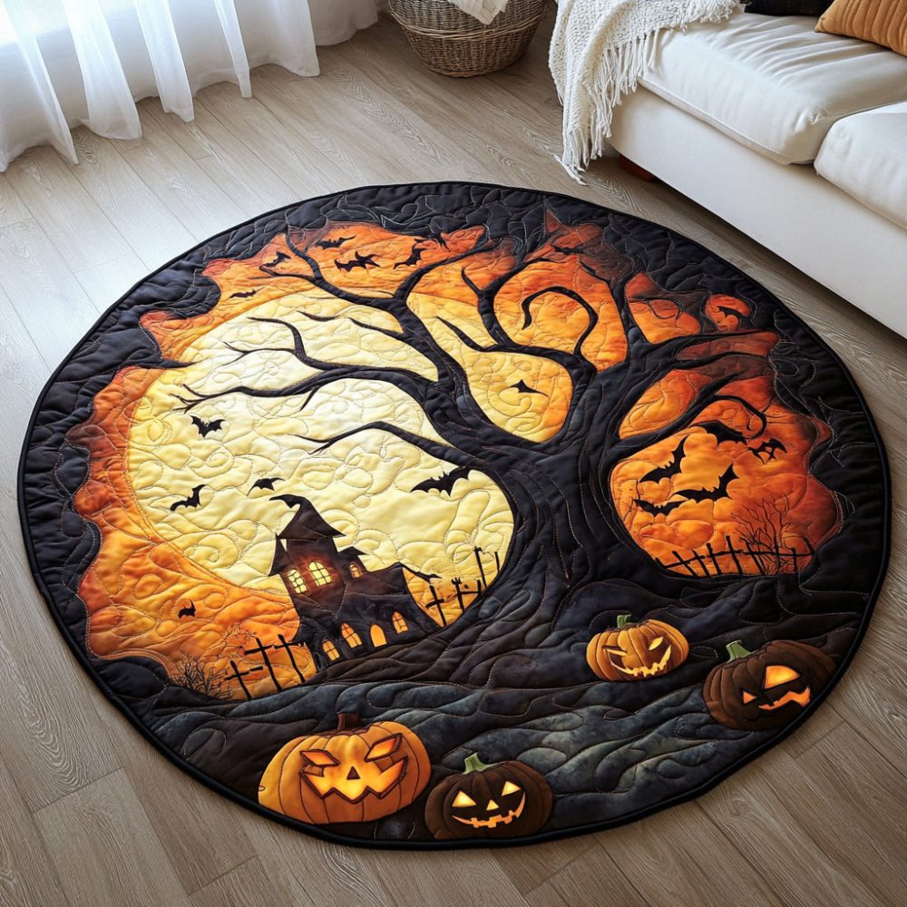 Ghoulish Halloween House Quilted Round Mat