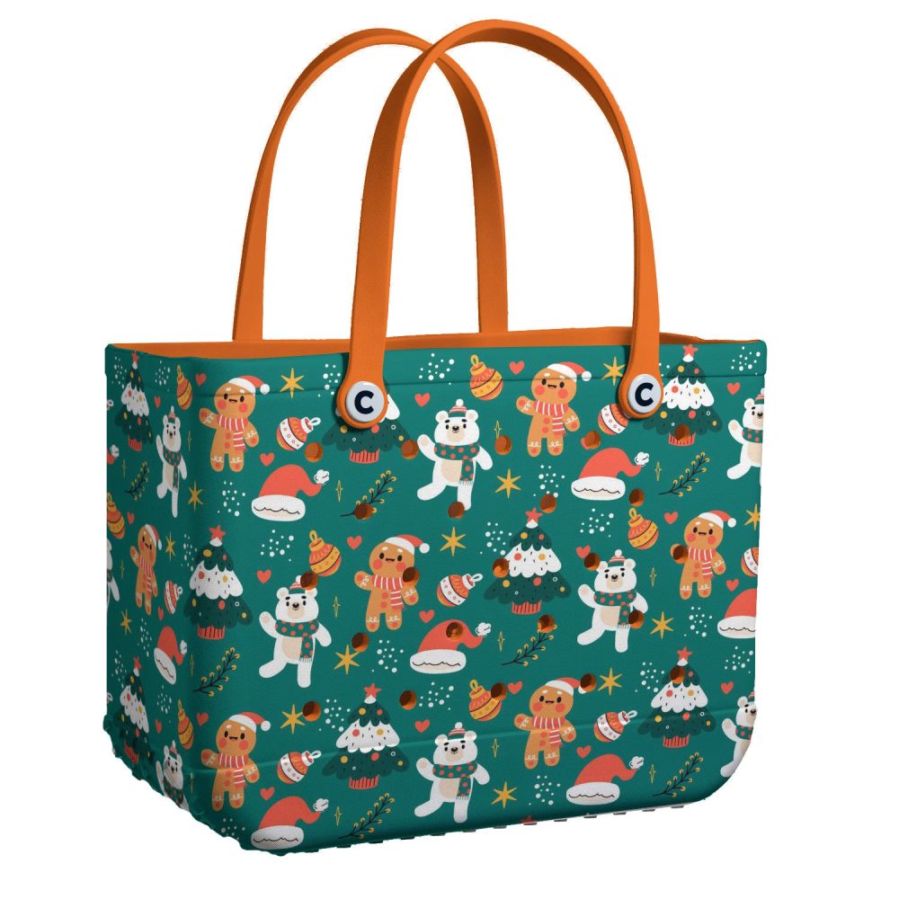 Festive Holiday Tote Bag - Cute Christmas Print With Gingerbread & Polar Bears - Perfect Gift!