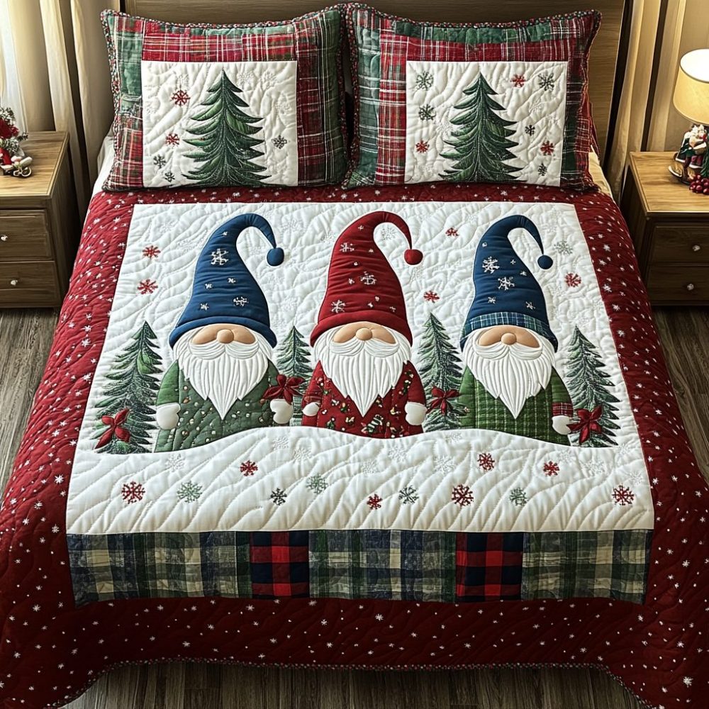 Gnome Haven 3-Piece Quilted Bedding Set