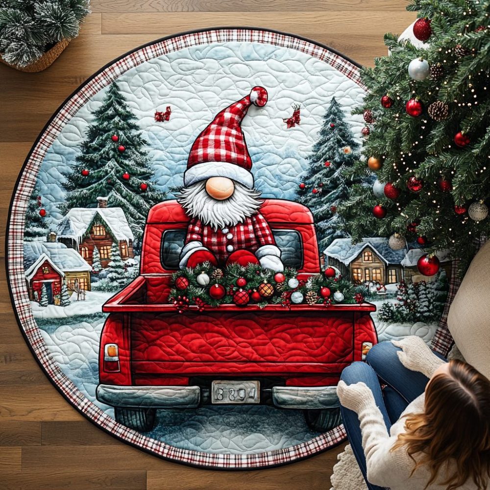 Gnome Red Truck Quilted Round Mat