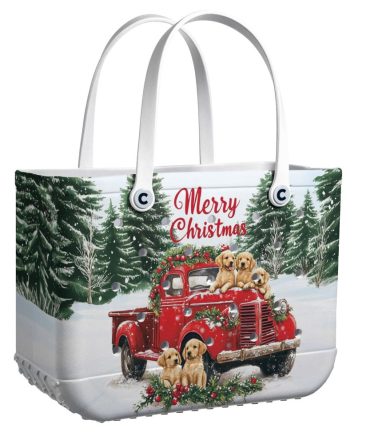 Festive Christmas Tote Bag With Puppies & Red Truck Design - Perfect Holiday Gift!