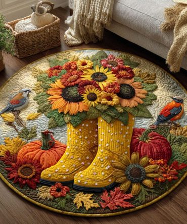 Golden Boots Of Fall Quilted Round Mat