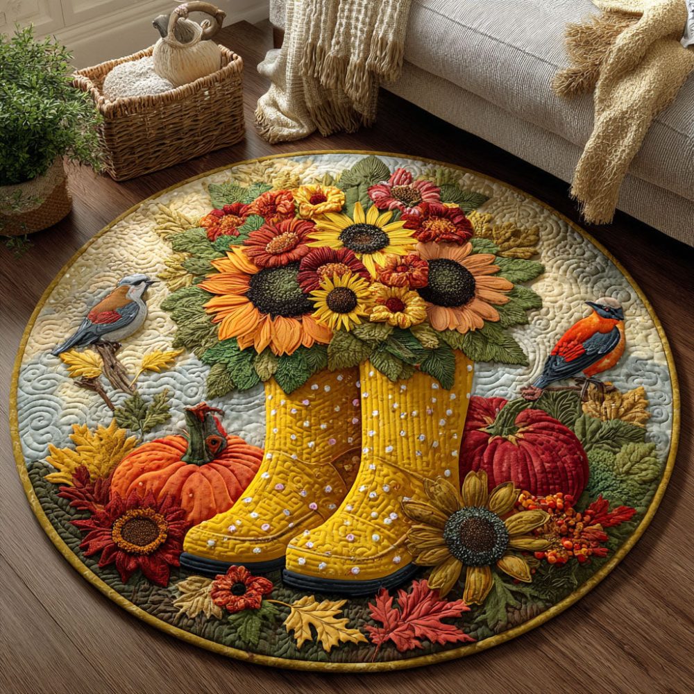 Golden Boots Of Fall Quilted Round Mat