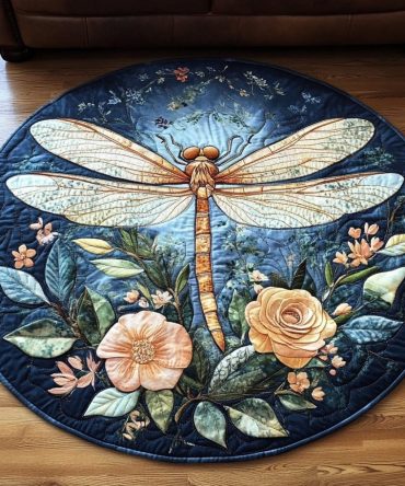 Golden Dragonfly Elegance Quilted Round Mat