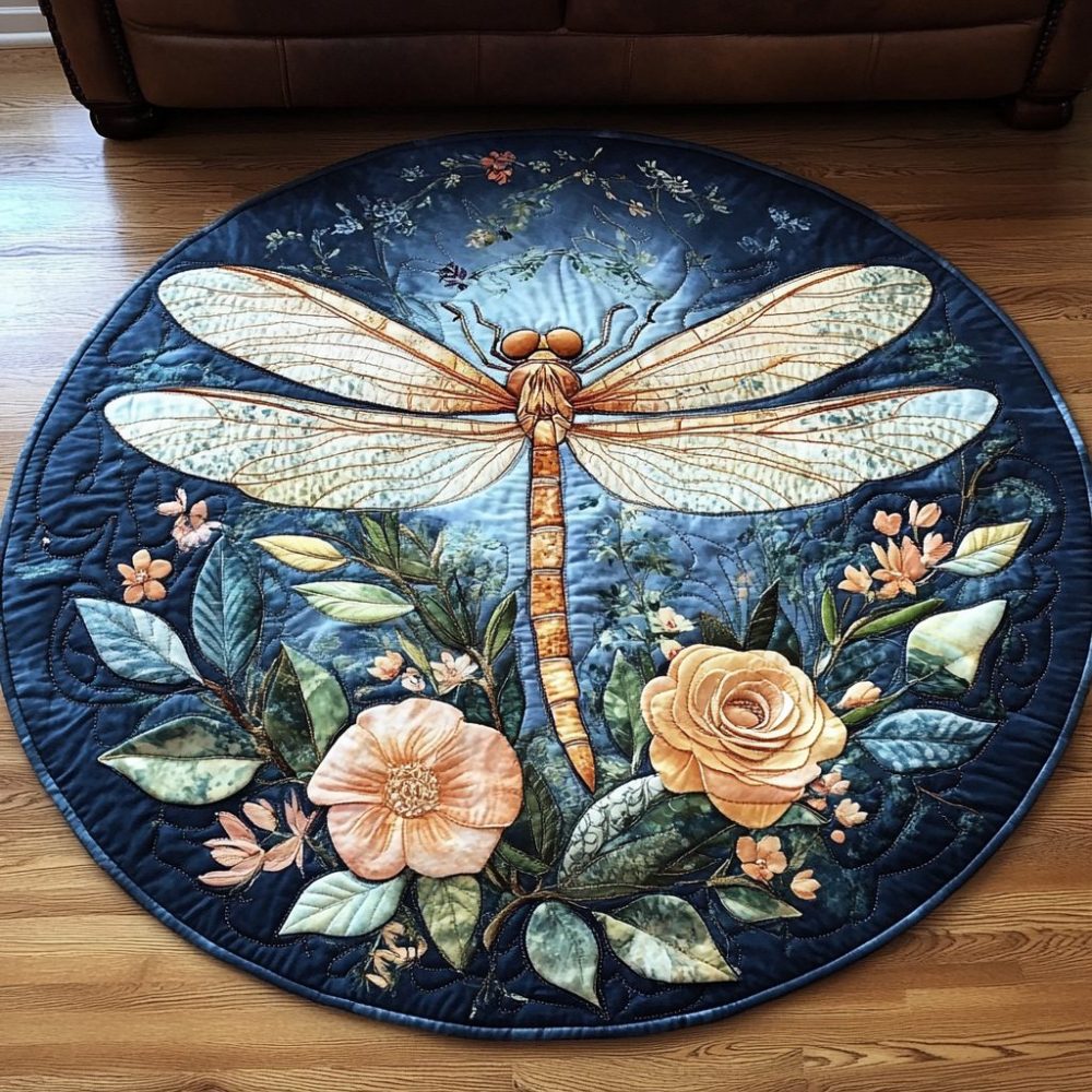 Golden Dragonfly Elegance Quilted Round Mat