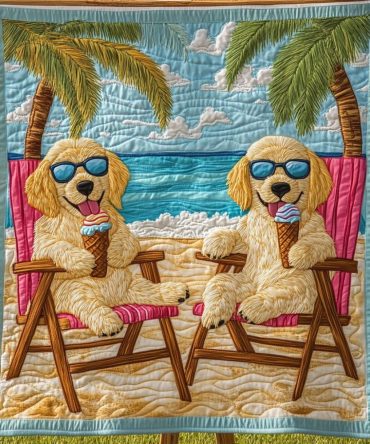 Golden Paws On A Sandy Beach Quilted Blanket