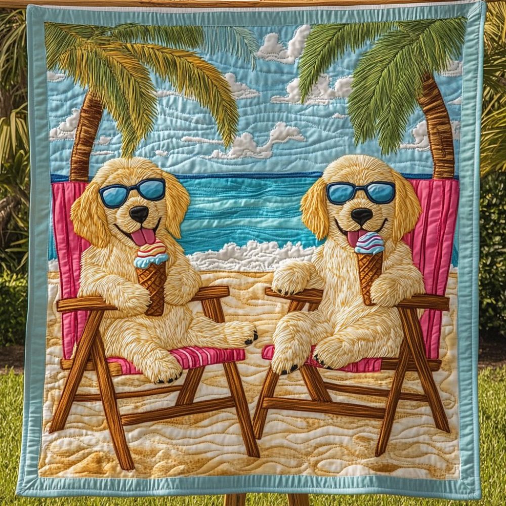 Golden Paws On A Sandy Beach Quilted Blanket