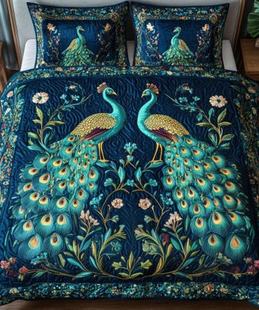 Golden Peacocks 3-Piece Quilted Bedding Set