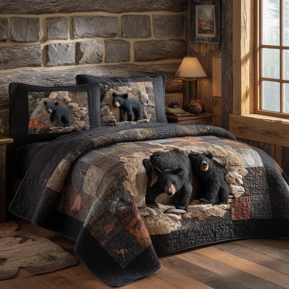 Golden Pines Black Bear 3-Piece Quilted Bedding Set