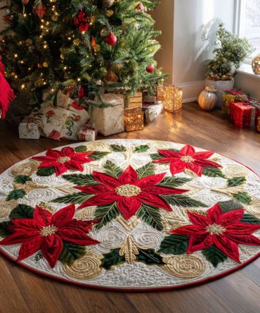 Golden Poinsettia Quilted Round Mat