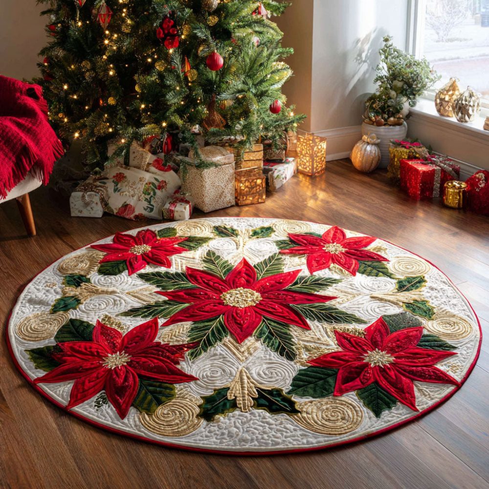 Golden Poinsettia Quilted Round Mat