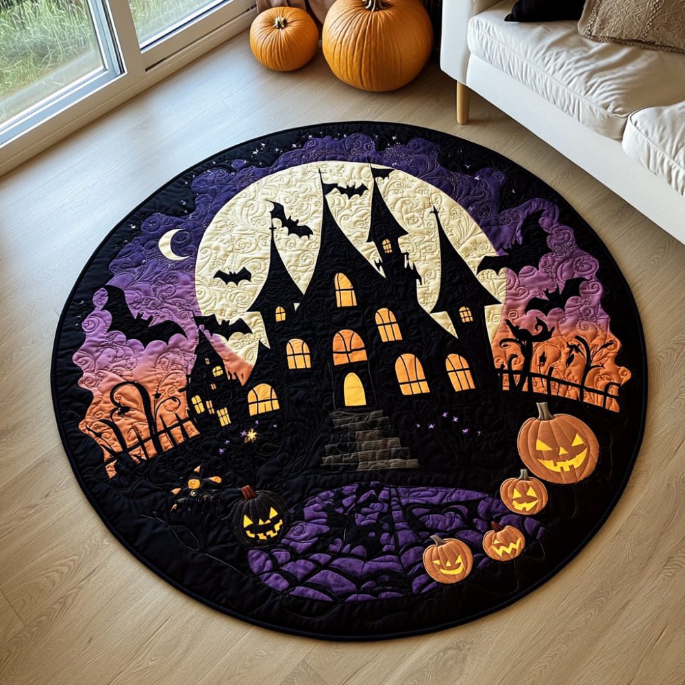 Gothic Halloween Castle Quilted Round Mat