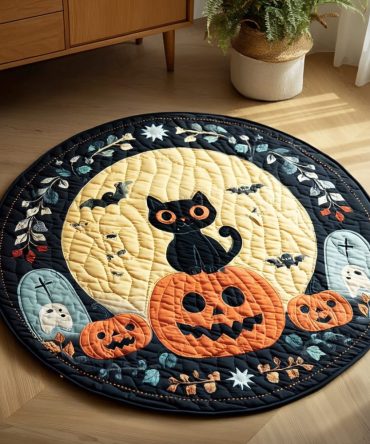 Halloween Black Cat Graveyard Quilted Round Mat