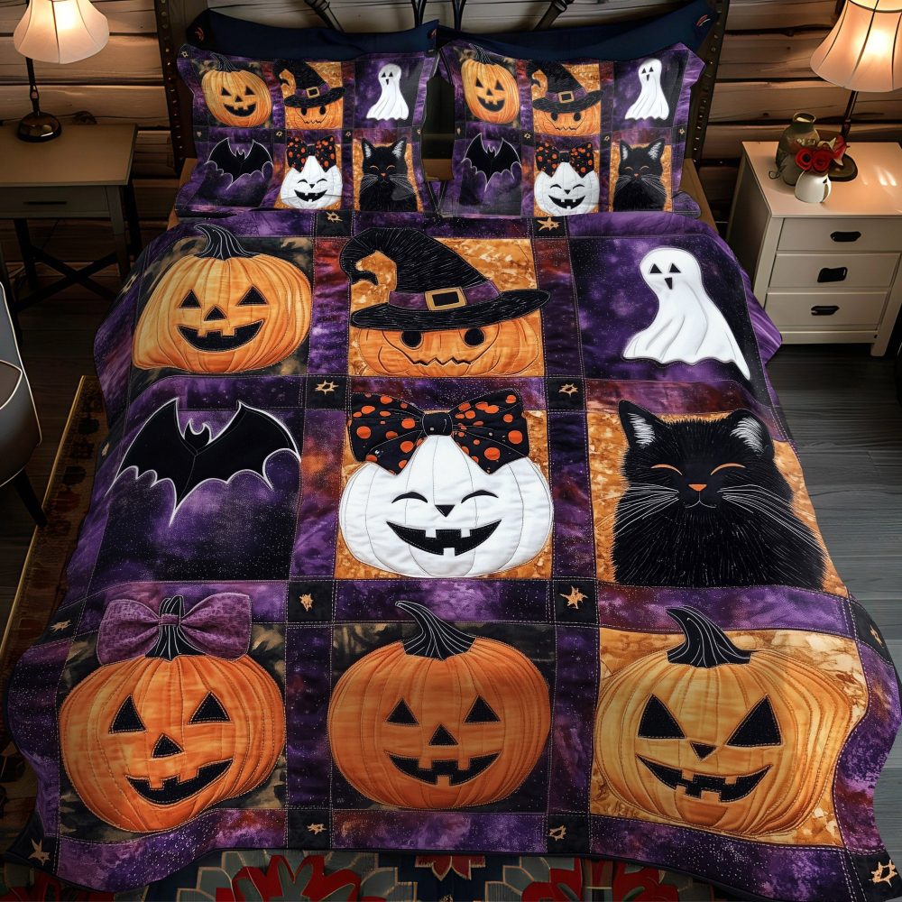 Halloween Night Purr 3-Piece Quilted Bedding Set