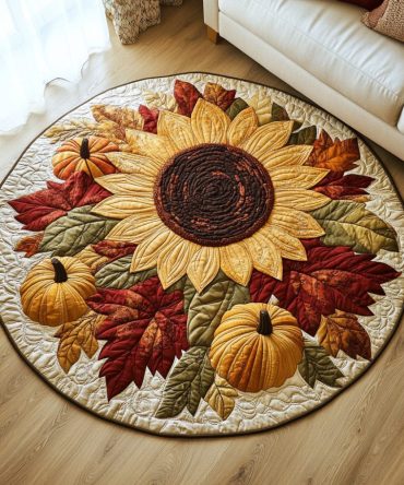 Harvest Sunflower And Pumpkins Quilted Round Mat