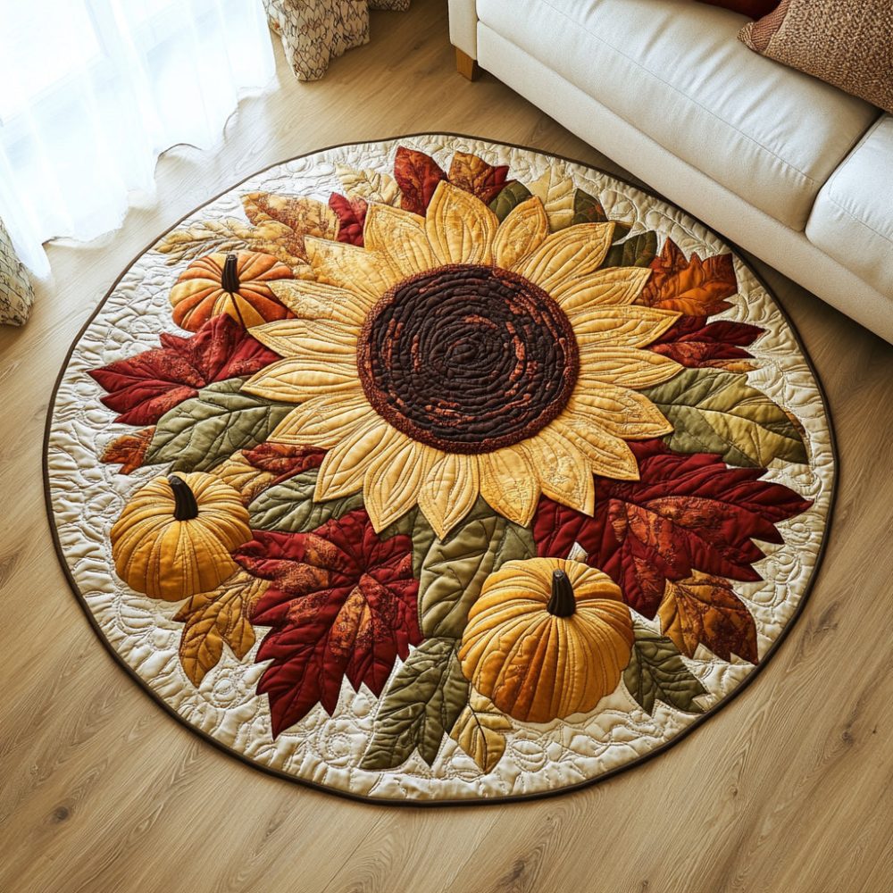 Harvest Sunflower And Pumpkins Quilted Round Mat