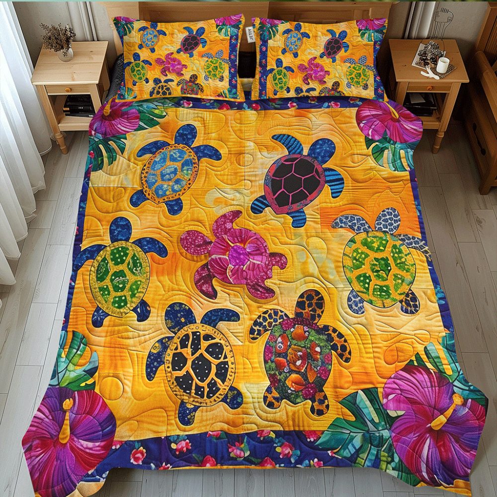 Hibiscus Turtle 3-Piece Quilted Bedding Set
