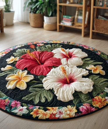 Hibiscus And Plumeria Quilted Round Mat