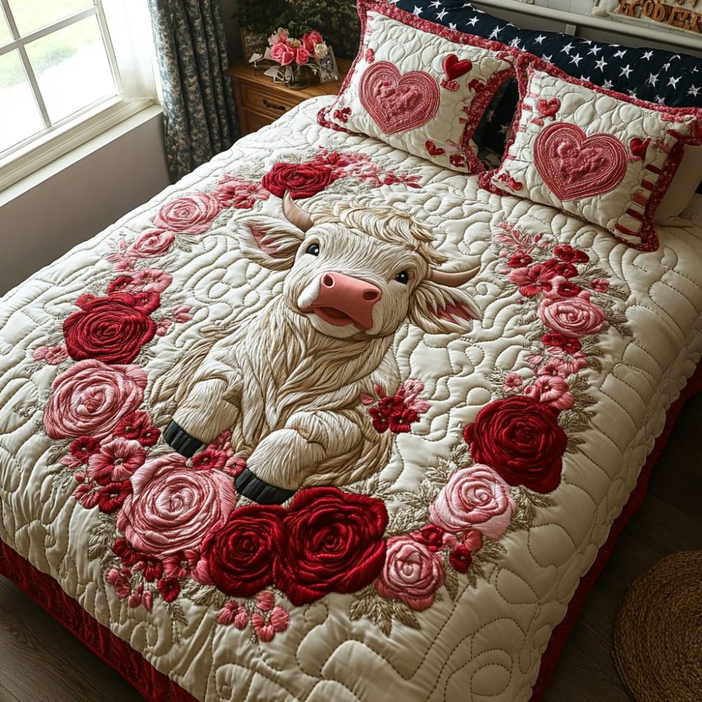 Highland Cow Bliss 3-Piece Quilted Bedding Set