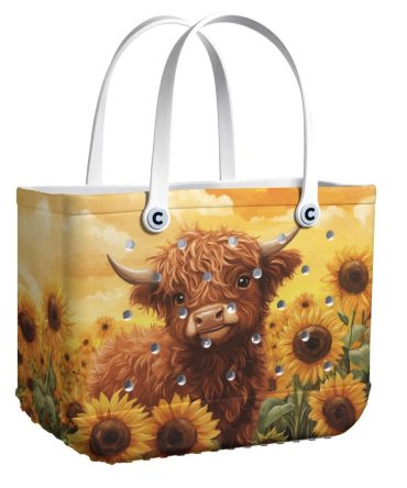 Charming Highland Cow Tote: Sunflower Field Design - Durable & Stylish Bag For All Seasons
