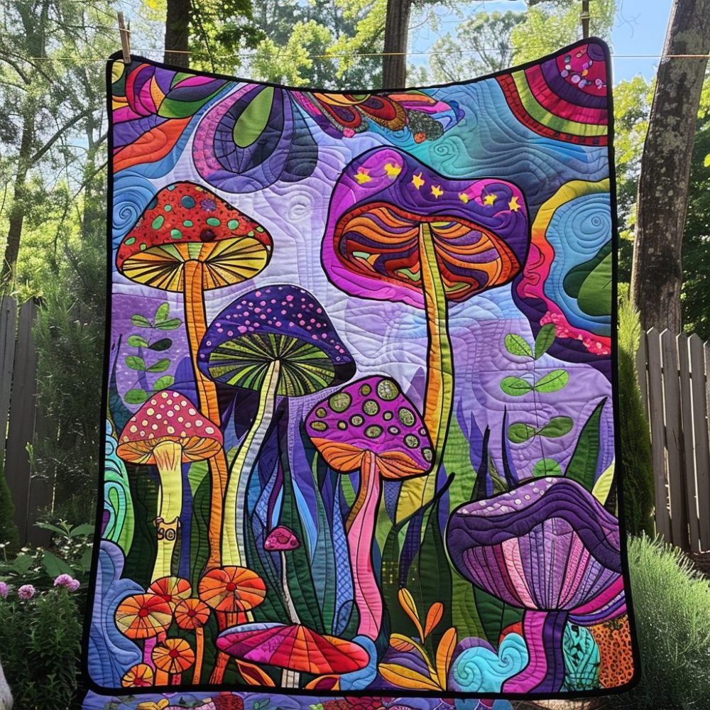 Hippie Mushrooms Quilted Blanket