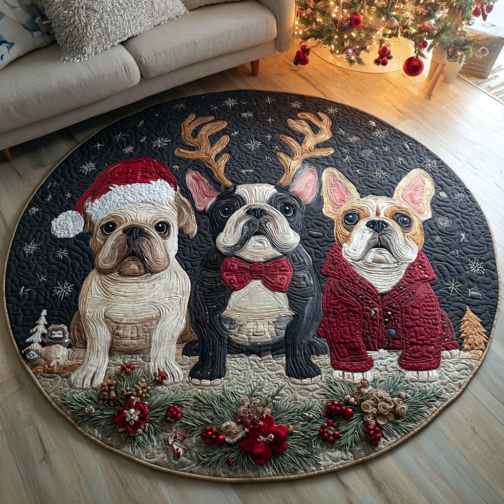 Holiday Bulldog Pals Quilted Round Mat