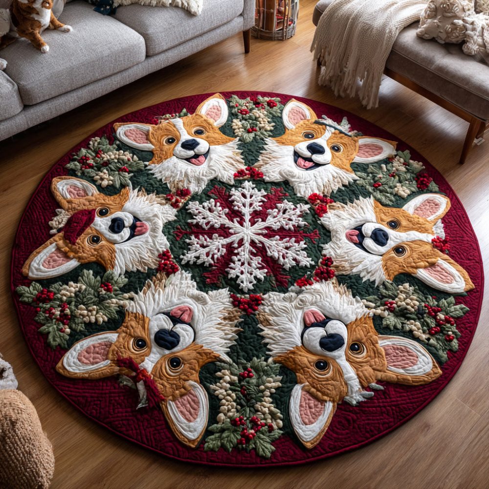 Holiday Corgi Quilted Round Mat