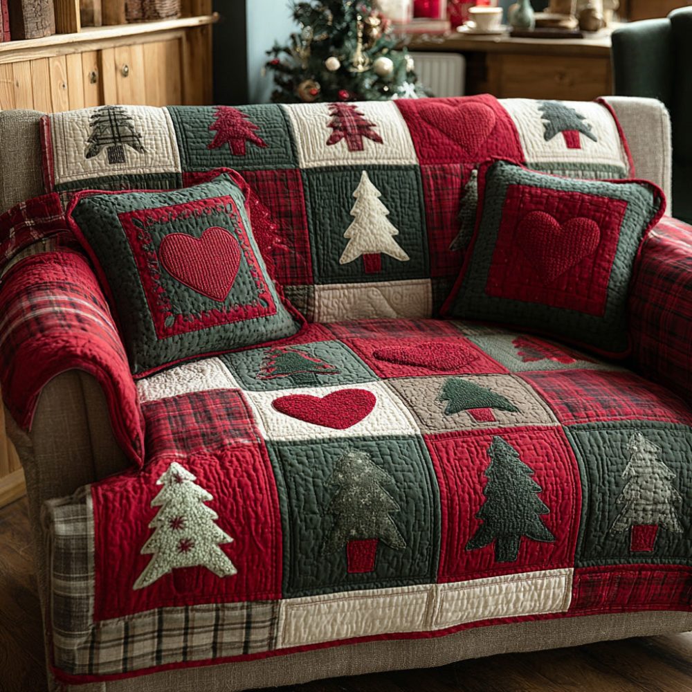 Holiday Heart Pines Quilted Sofa Cover