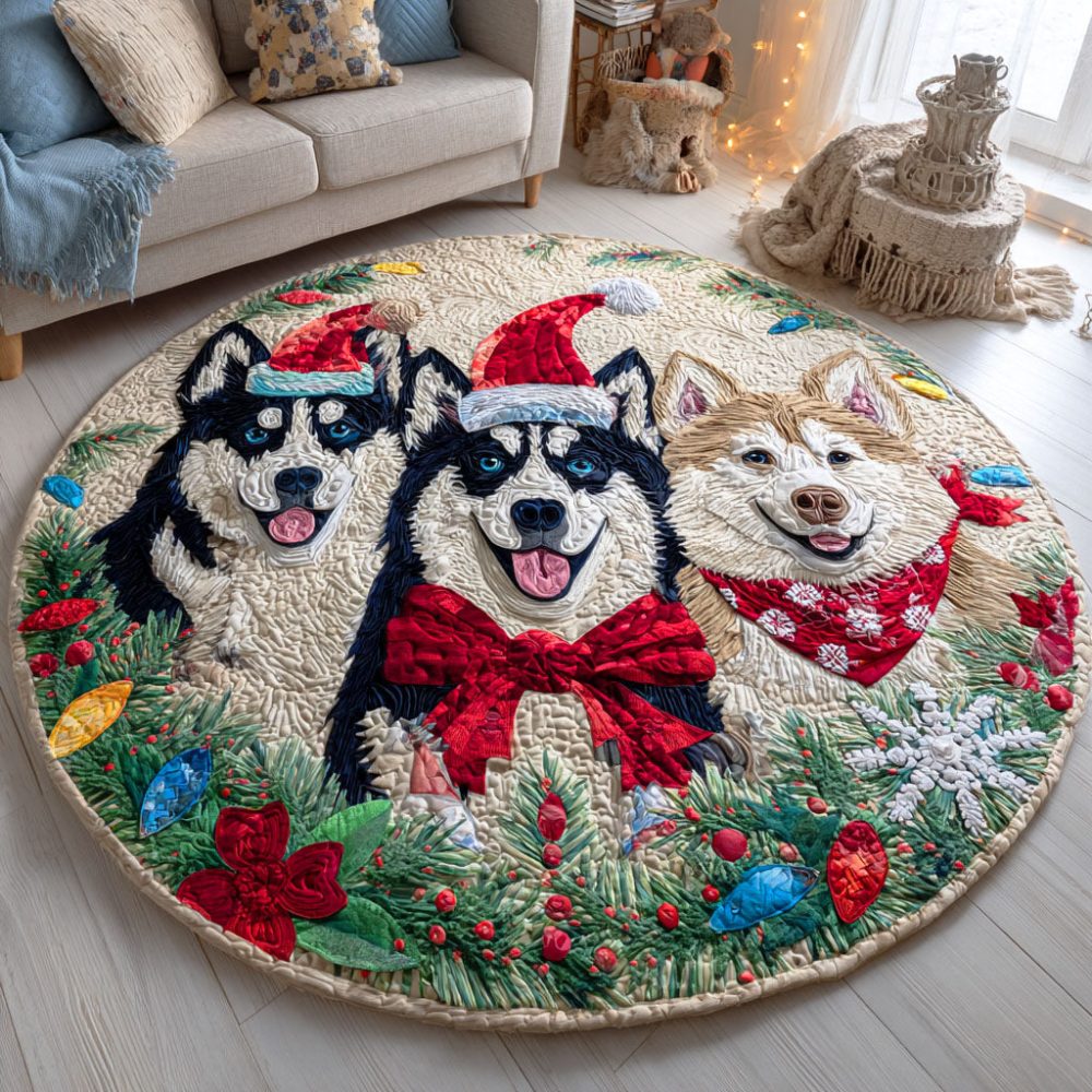 Holiday Husky Quilted Round Mat