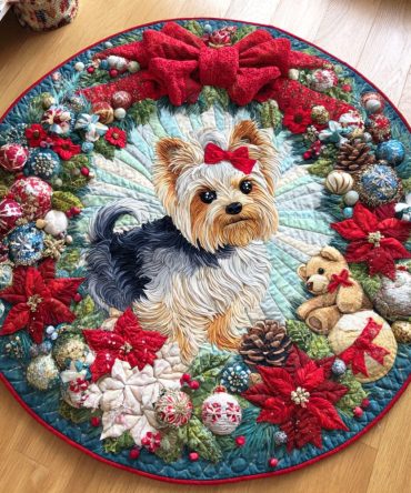 Holiday Yorkie Quilted Round Mat