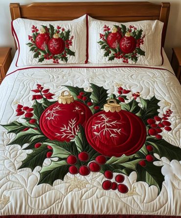 Holly Berry Bliss 3-Piece Quilted Bedding Set