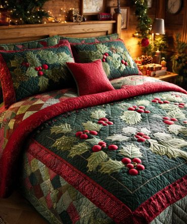 Holly Berry Dreams 3-Piece Quilted Bedding Set