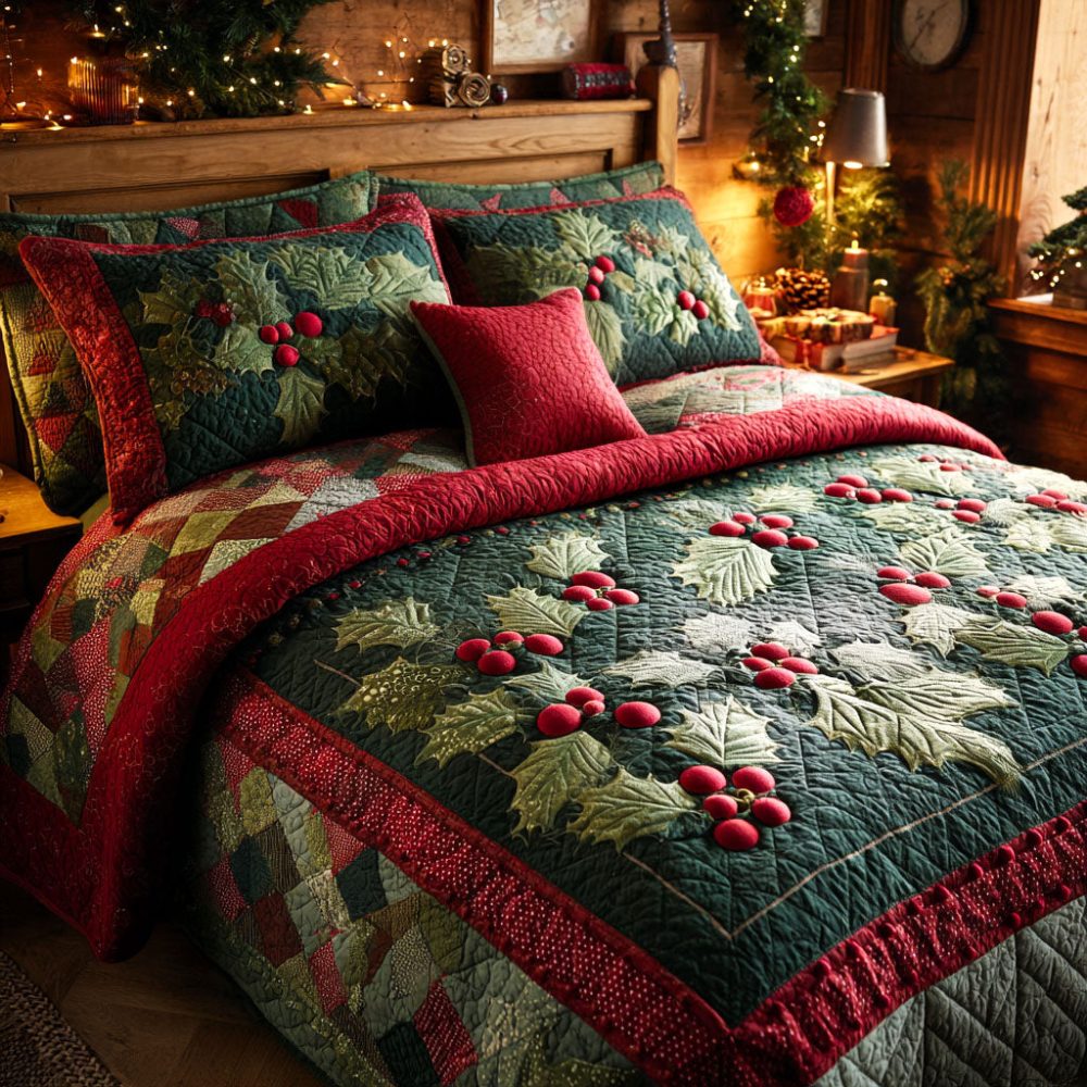 Holly Berry Dreams 3-Piece Quilted Bedding Set