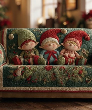 Holly Christmas Elf Quilted Sofa Cover