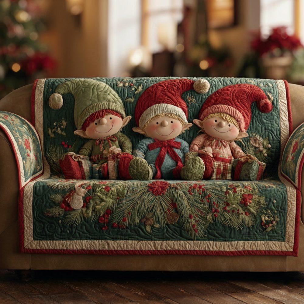 Holly Christmas Elf Quilted Sofa Cover